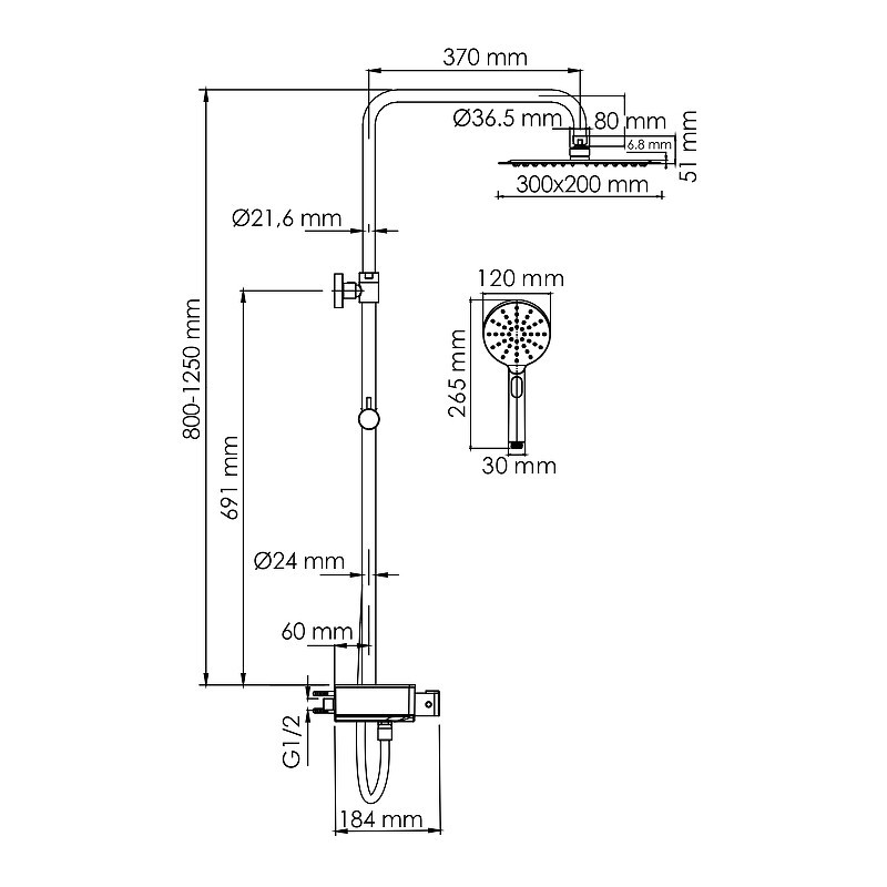 Душевая система WasserKRAFT A113.069.127.CH Thermo с термостатом