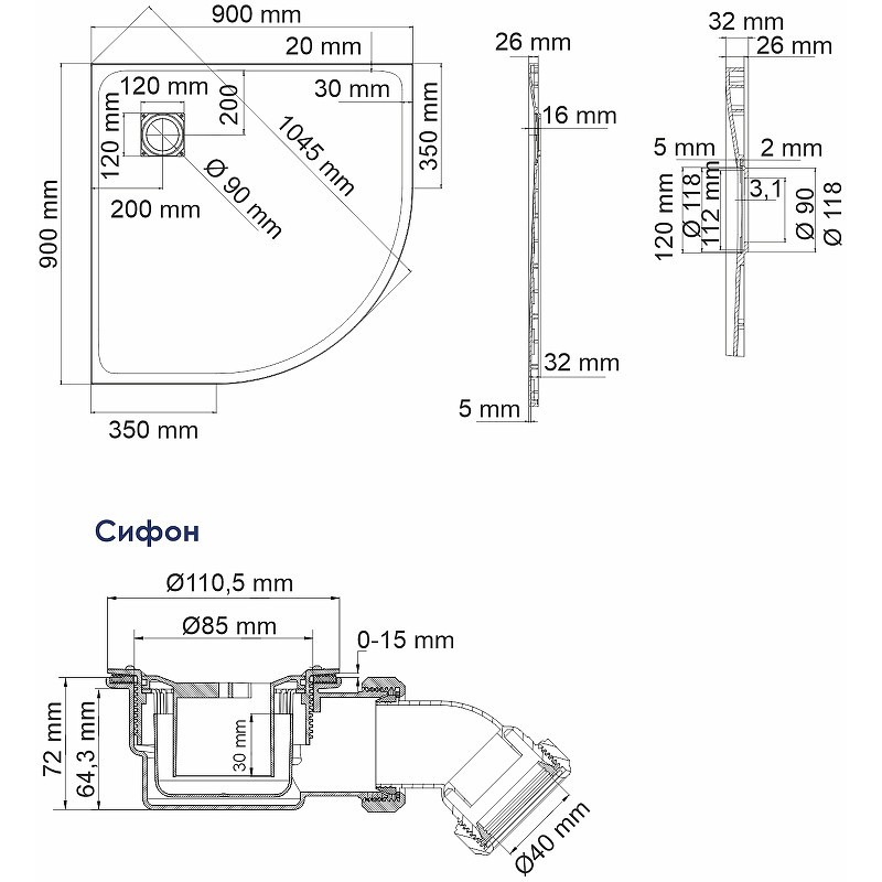 Душевой поддон из стеклопластика WasserKRAFT Main 90x90 41T01