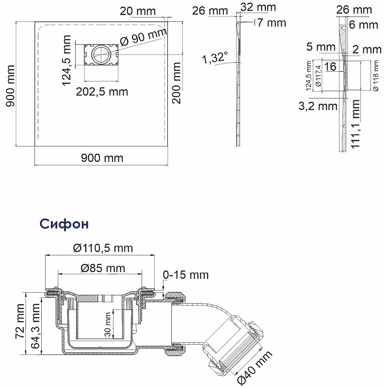 Душевой поддон из стеклопластика WasserKRAFT Elbe 90x90 74T03