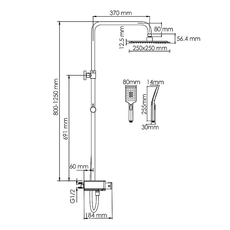Душевая система WasserKRAFT A114.255.130.CB Thermo с термостатом